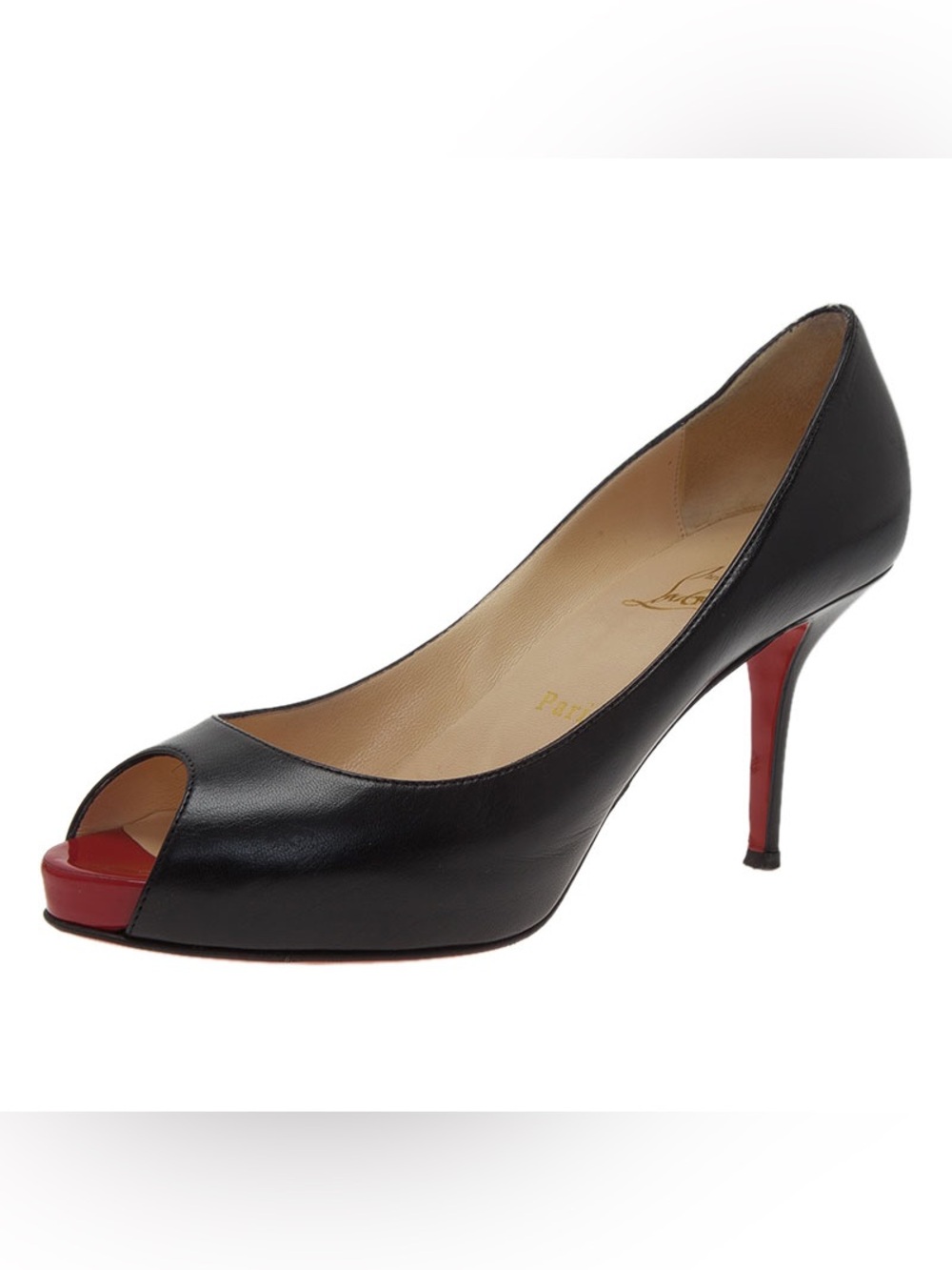 Christian Louboutin Black Leather Peep-Toe Pump with Red Sole, Size 7